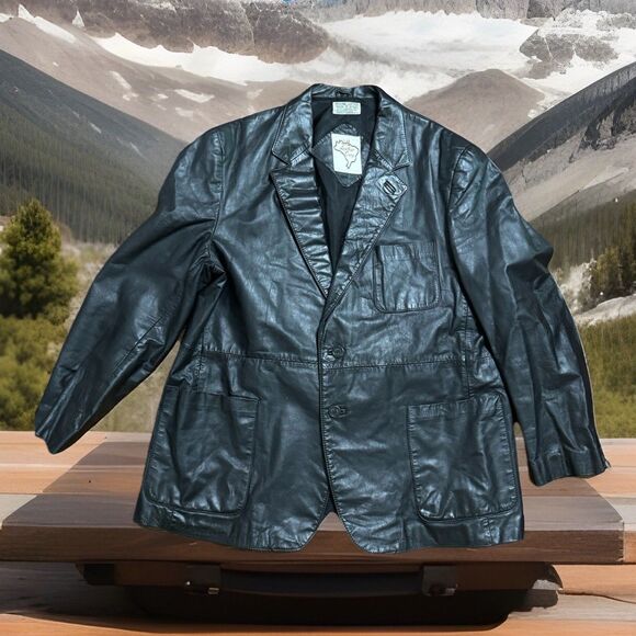 Vintage Genuine Leather Blazer Men 52 Black 2 Button 3 Pockets Made In Brazil - Picture 1 of 7